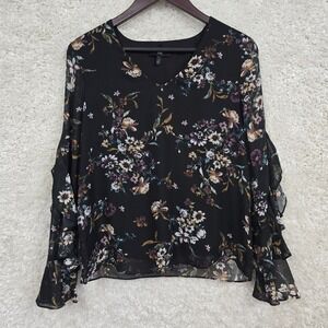 IZ Byer Womens Floral Ruffle Sleeve Blouse Black Size M Cottagecore Grunge